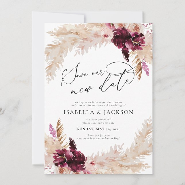 Boho Dusty Pink and Burgundy Save Our New Date Invitation (Front)