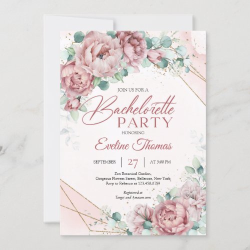 Boho dusty pink blush eucalyptus gold frame invitation