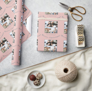 Boho Dusty Pink Brown 3 Family Photos Christmas Wrapping Paper