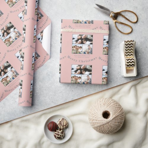Boho Dusty Pink Brown 3 Family Photos Christmas Wrapping Paper