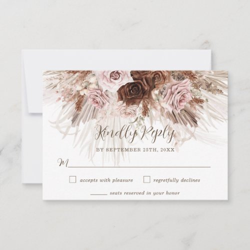 Boho Dusty Pink Brown Floral Pampas Grass Wedding RSVP Card