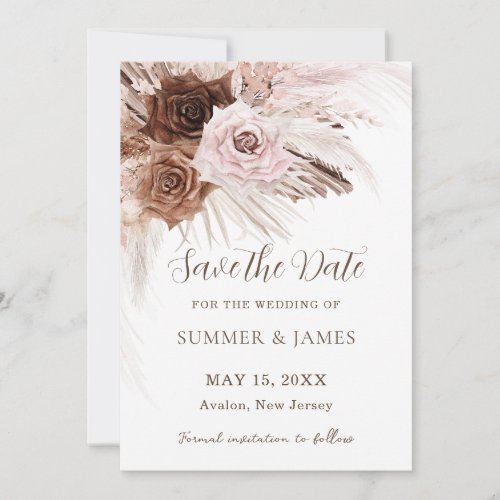 Boho Dusty Pink Brown Floral Pampas Grass Wedding Save The Date