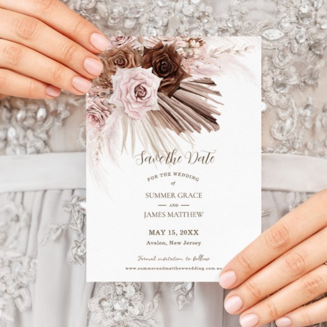 Boho Dusty Pink Brown Floral Pampas Grass Wedding Save The Date (Creator Uploaded)