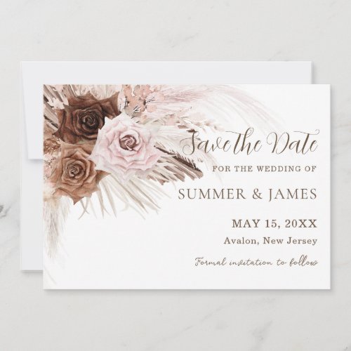 Boho Dusty Pink Brown Floral Pampas Grass Wedding Save The Date