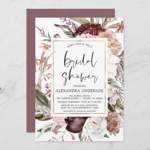 Boho Dusty Pink Burgundy Bridal Shower Invitation