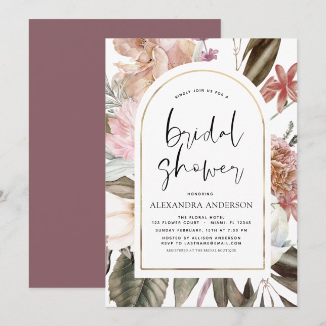 Boho Dusty Pink Burgundy Bridal Shower Invitation (Front/Back)