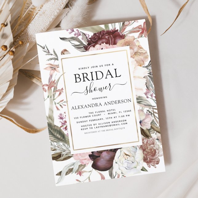 Boho Dusty Pink Burgundy Bridal Shower Invitation (Creator Uploaded)