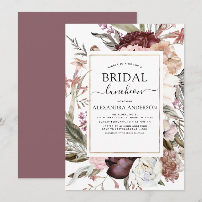 Boho Dusty Pink Burgundy Bridal Shower Luncheon Invitation (Front/Back)
