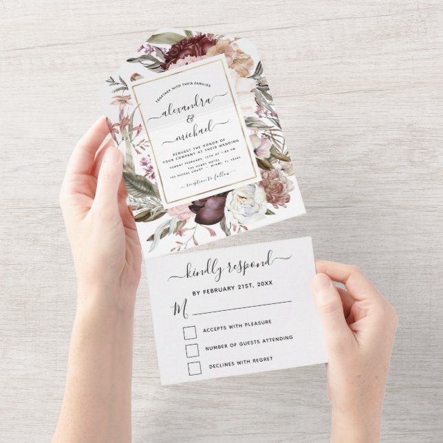 Boho Dusty Pink Burgundy Wedding RSVP All In One Invitation (Tearaway)