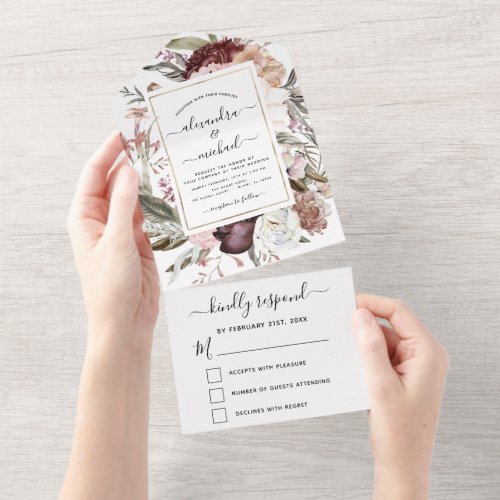 Boho Dusty Pink Burgundy Wedding RSVP All In One Invitation