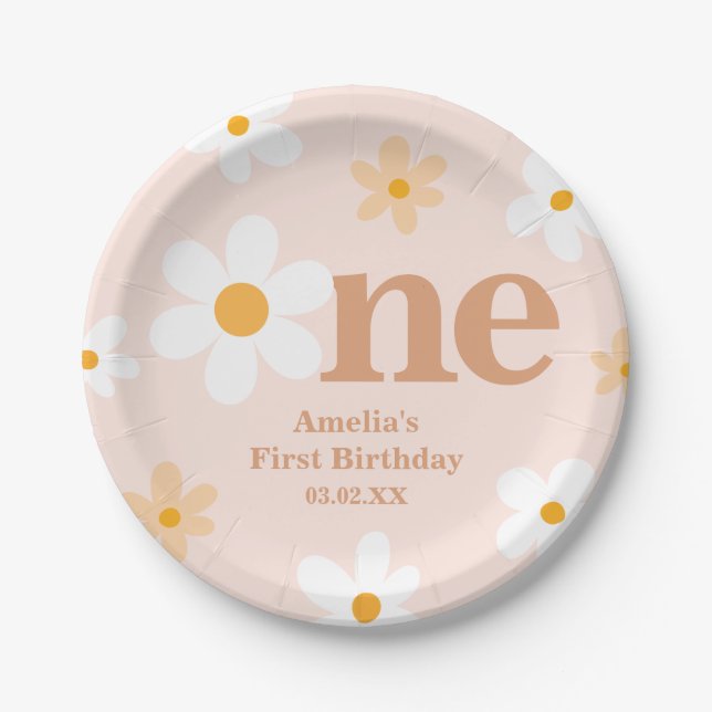 Boho Dusty Pink Daisy One 1st Birthday  Paper Plates (Front)