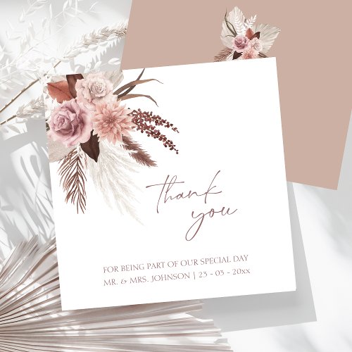 Boho Dusty Pink Dried Flowers Pampas Grass Wedding Thank You Card