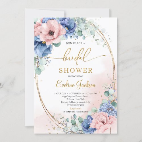 Boho dusty pink dusty blue rustic bridal shower invitation