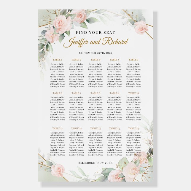 Boho dusty pink eucalyptus gold frame seating sign (Front)