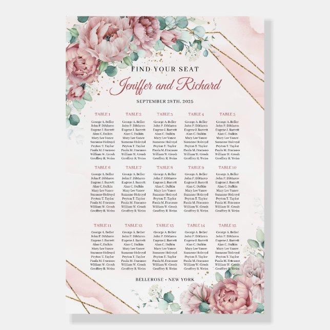 Boho dusty pink eucalyptus gold frame seating sign (Front)