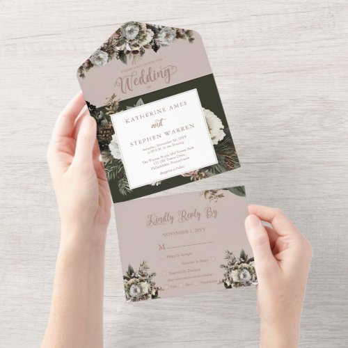 Boho Dusty Pink Floral Bouquet Wedding All In One Invitation