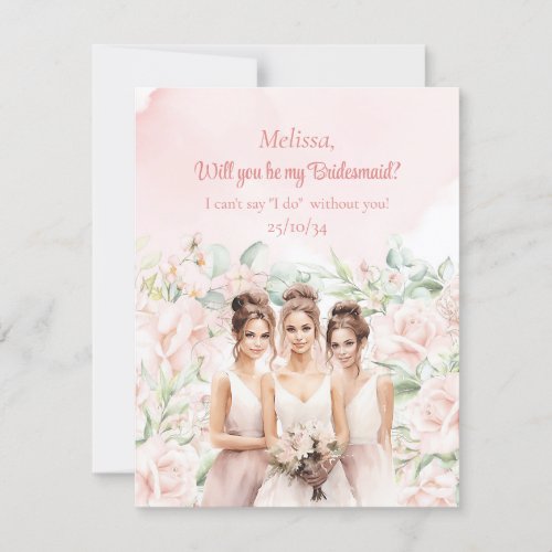 Boho dusty pink Floral Eucalyptus gold Bridesmaid Invitation