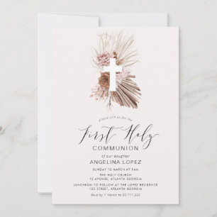 boho dusty pink floral first communion invitation