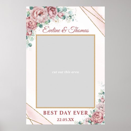 Boho dusty pink floral gold wedding photo prop poster