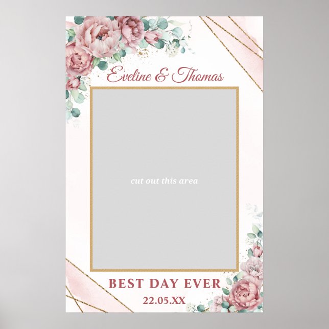 Boho dusty pink floral gold wedding photo prop poster (Front)
