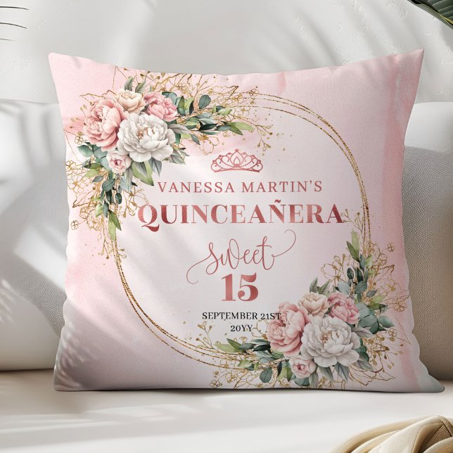 Boho Dusty Pink Floral Greenery Sweet 15 Birthday Throw Pillow (Dusty Pink Floral Greenery Sweet 15 Birthday Pillow)