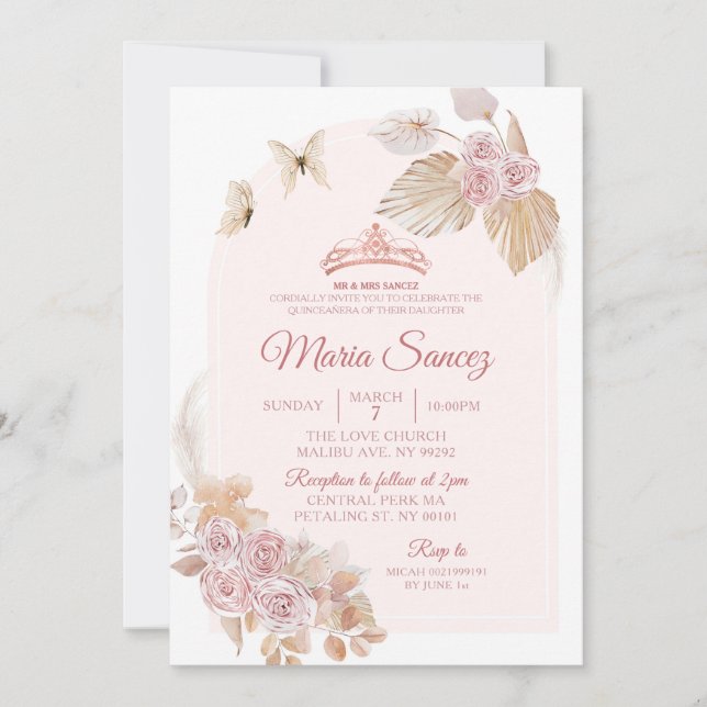Boho Dusty Pink Floral Mexican Quinceañera Invitation (Front)
