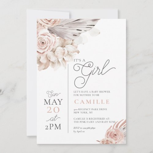 Boho Dusty Pink Floral Palmetto Girl Baby Shower Invitation