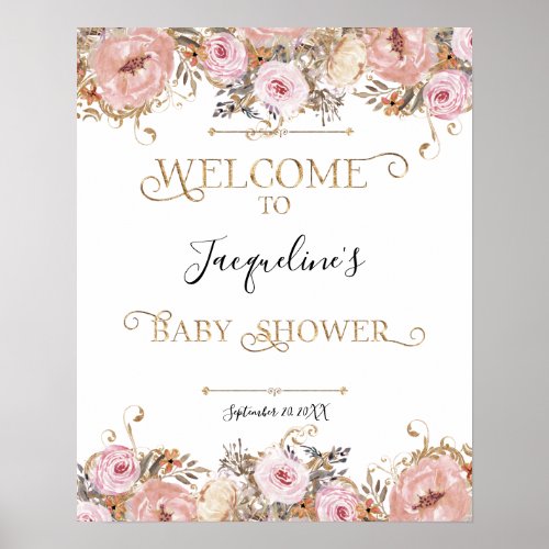 BOHO Dusty Pink Floral Watercolor Girl Baby Shower Poster