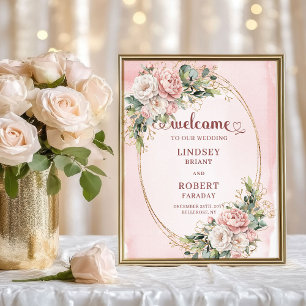 Boho Dusty Pink Flowers Gold Glitter Welcome Sign