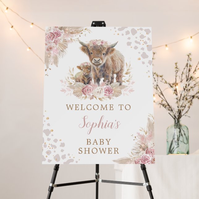 Boho Dusty Pink Highland Cow Baby Shower Welcome Foam Board (In Situ (Stand))