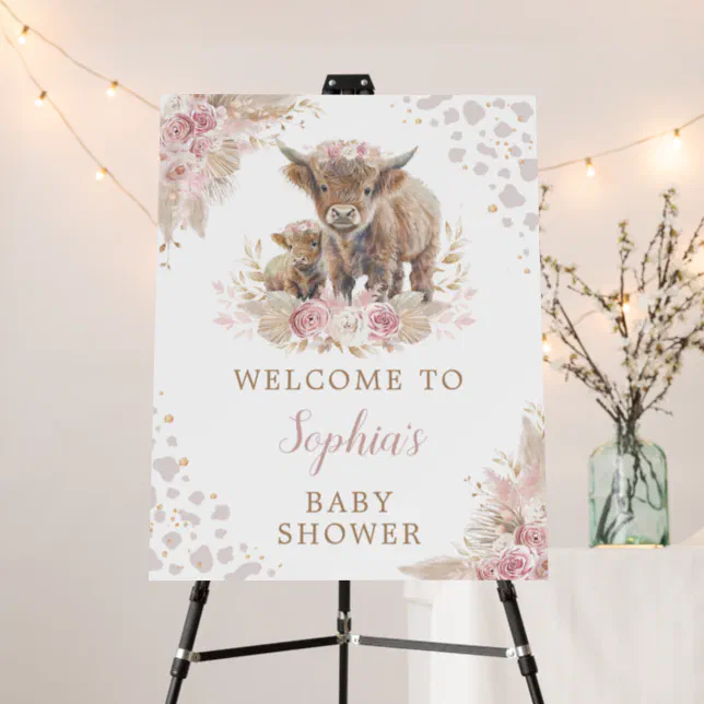 Boho Dusty Pink Highland Cow Baby Shower Welcome Foam Board | Zazzle