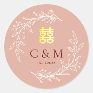 Boho dusty pink leaf wreath modern Chinese wedding Classic Round Sticker