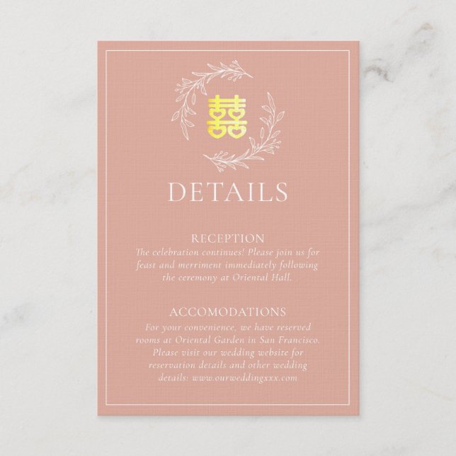 Boho dusty pink leaf wreath modern Chinese wedding Enclosure Card (Front)