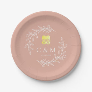 Boho dusty pink leaf wreath modern Chinese wedding Paper Plates