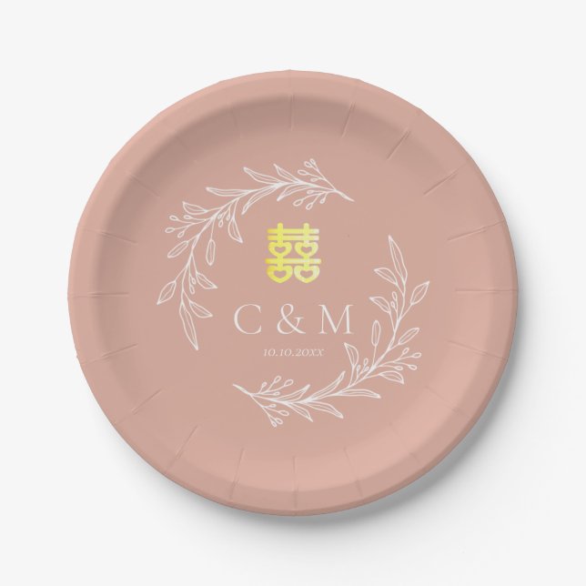 Boho dusty pink leaf wreath modern Chinese wedding Paper Plates (Front)