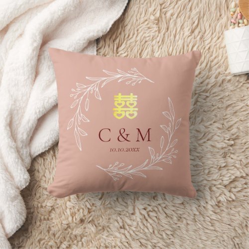 Boho dusty pink leaf wreath modern Chinese wedding Throw Pillow