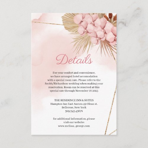 Boho Dusty Pink Orchid Dried Palm Leaves Details Enclosure Card