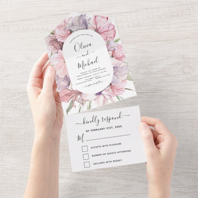 Boho Dusty Pink Purple Wedding RSVP All In One Invitation (Tearaway)