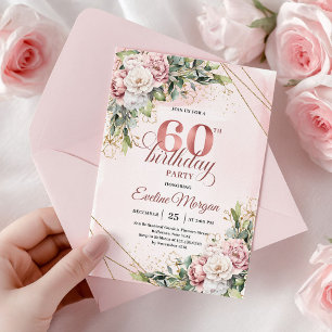 Boho Dusty Pink Rose Gold Watercolor 60th Birthday Invitation