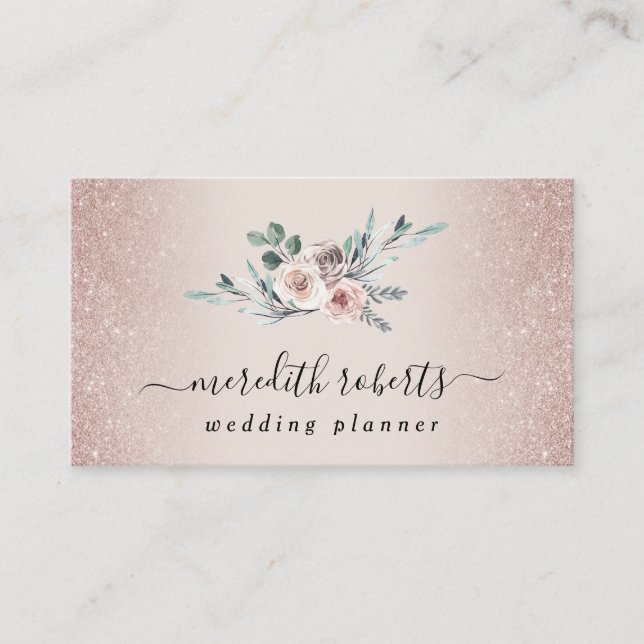 Boho Dusty Pink Roses Blush Glitter Business Card (Front)