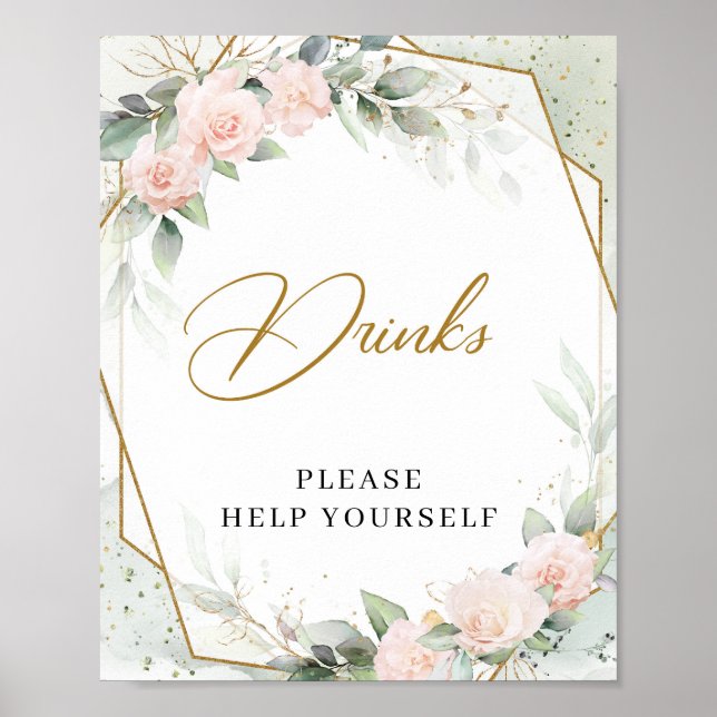 Boho dusty pink roses eucalyptus gold frame Drinks Poster (Front)