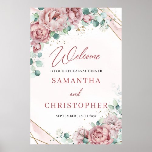 Boho dusty pink roses eucalyptus Rehearsal Welcome Poster