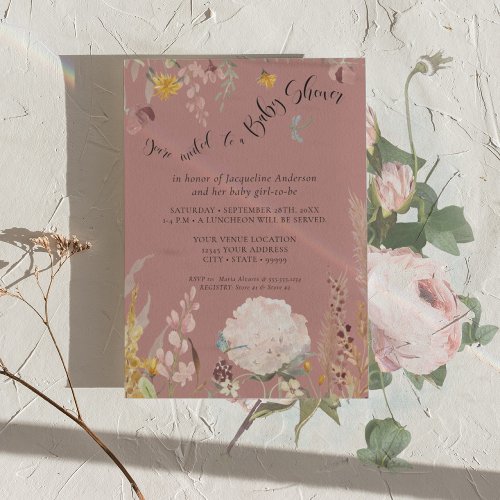 BOHO Dusty Pink Watercolor Floral Butterfly Baby Invitation