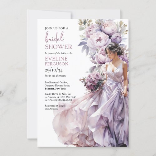 Boho dusty purple floral greenery wedding dress invitation