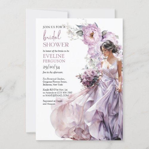 Boho dusty purple floral greenery wedding dress invitation