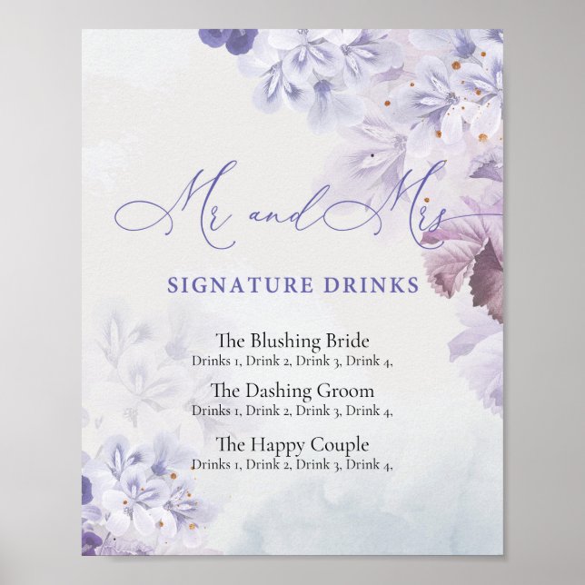 Boho dusty purple lilac blue pink signature drinks poster (Front)