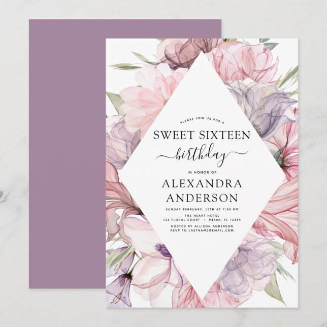 Boho Dusty Purple Sweet 16 Birthday Floral Invitat Invitation (Front/Back)