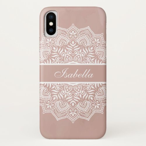 Boho Dusty Rose and White Mandala Custom Name iPhone X Case