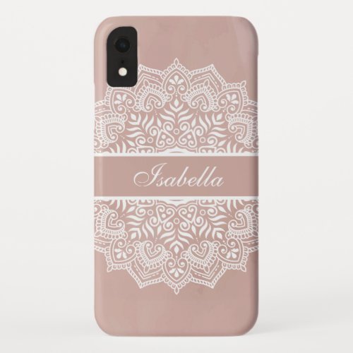 Boho Dusty Rose and White Mandala Custom Name iPhone XR Case