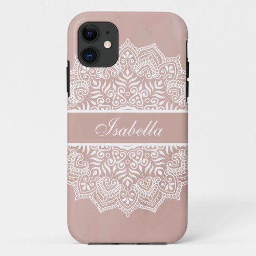Boho Dusty Rose and White Mandala Custom Name iPhone 11 Case
